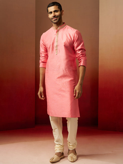 Vastramay Men Pink Silk Anmol Jacquard Kurta